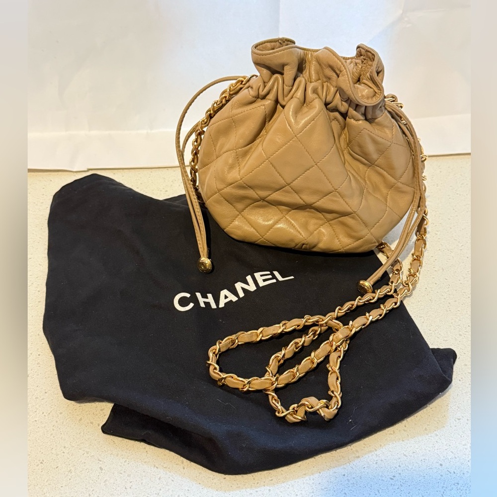 Chanel Beige/Camel Vintage Matelasse Mini Drawstring Bucket Bag